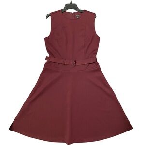 Ann Taylor Midi Dress Burgundy Red Ponte Knit Belted Fit & Flare, Size 12